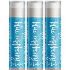 Lip balm three pack with blue and white labels, Delight Naturals branding visible