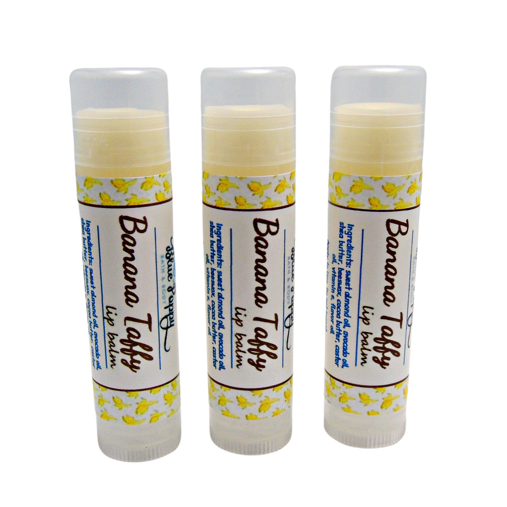 Lip balm tubes with yellow and white pattern, Banana Taffy text, Blue Poppy brand visible