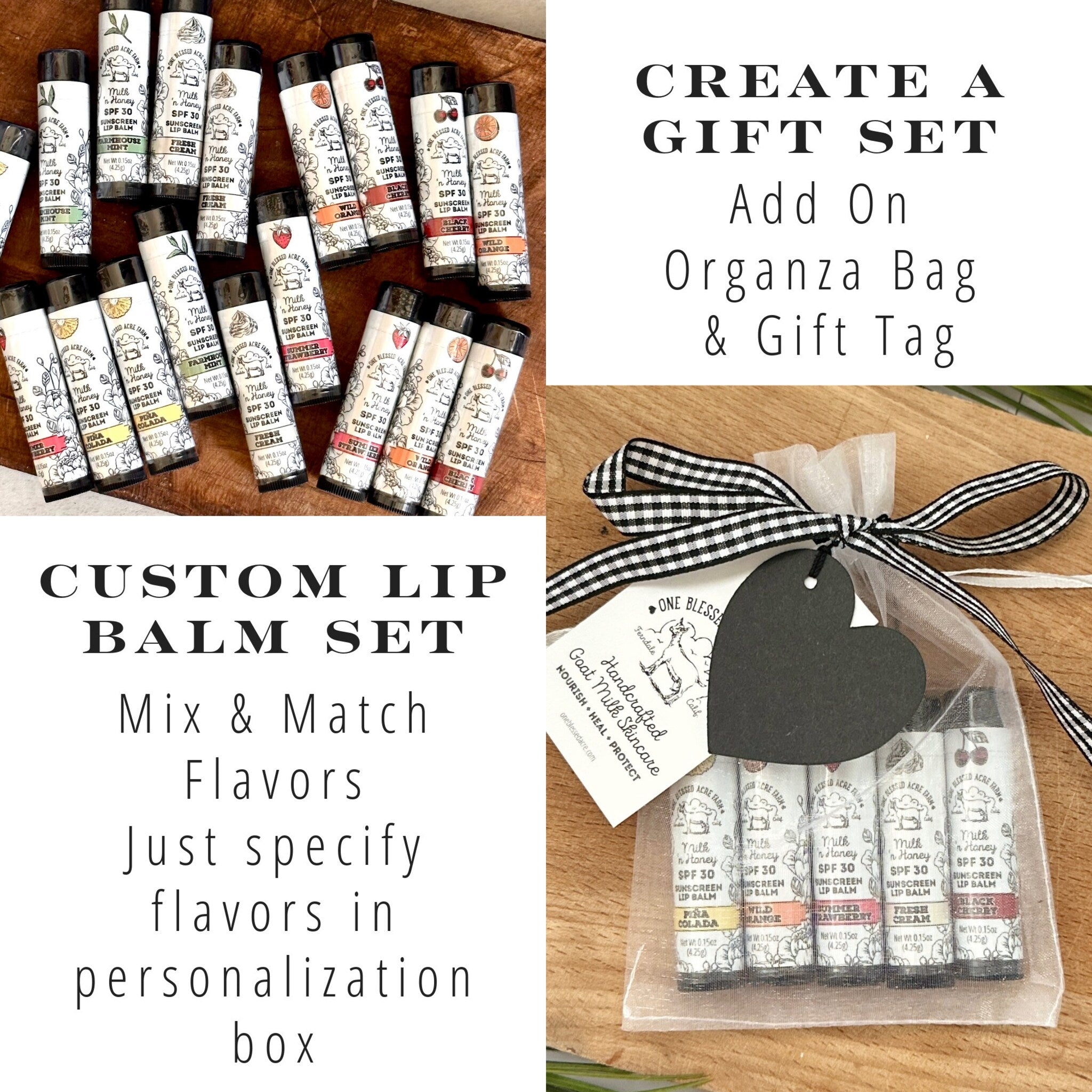 Lip balm set with assorted flavors, white tubes, and black and white ribbon on gift bag