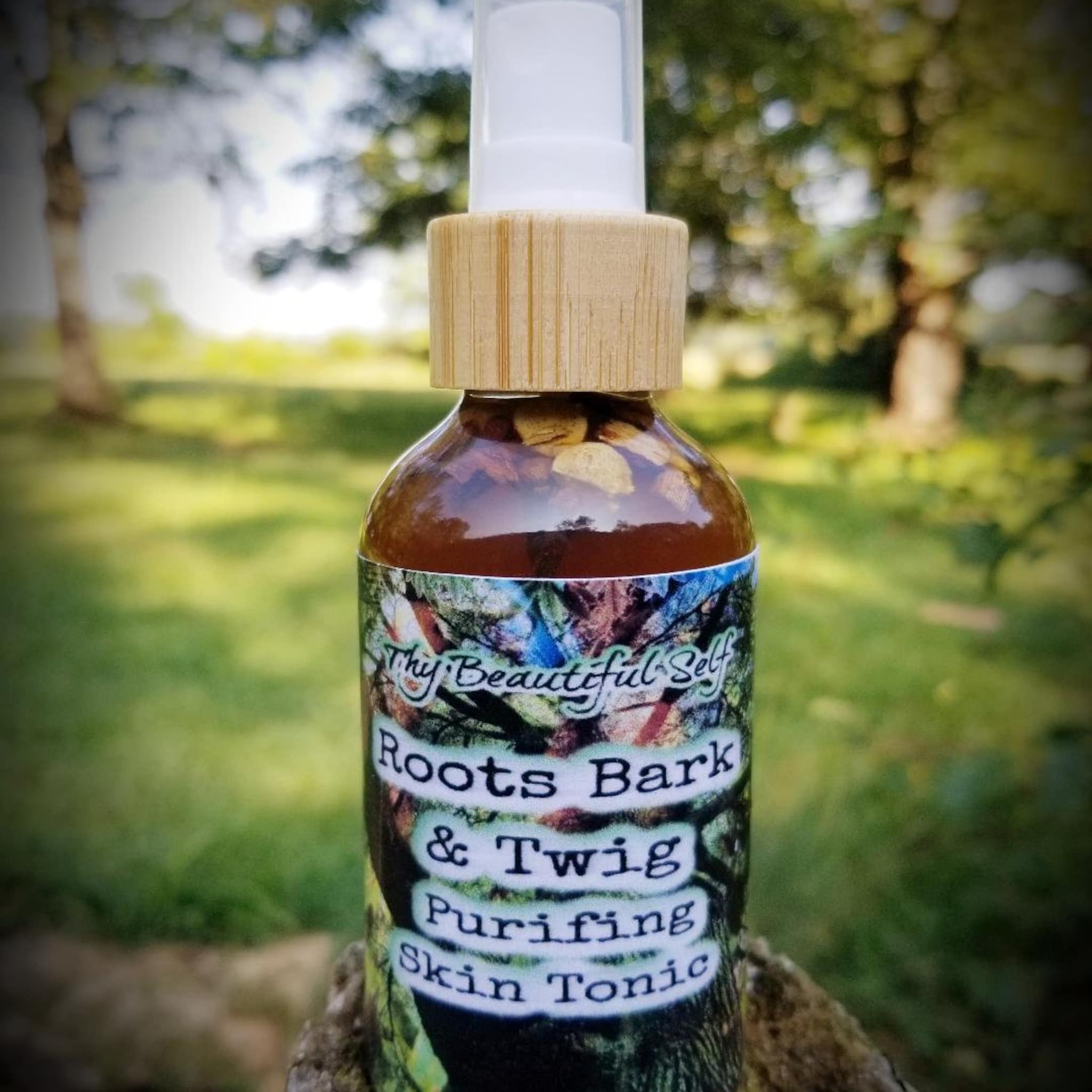 Toner bottle with wooden cap, brown liquid, and "Thy Beautiful Self" label