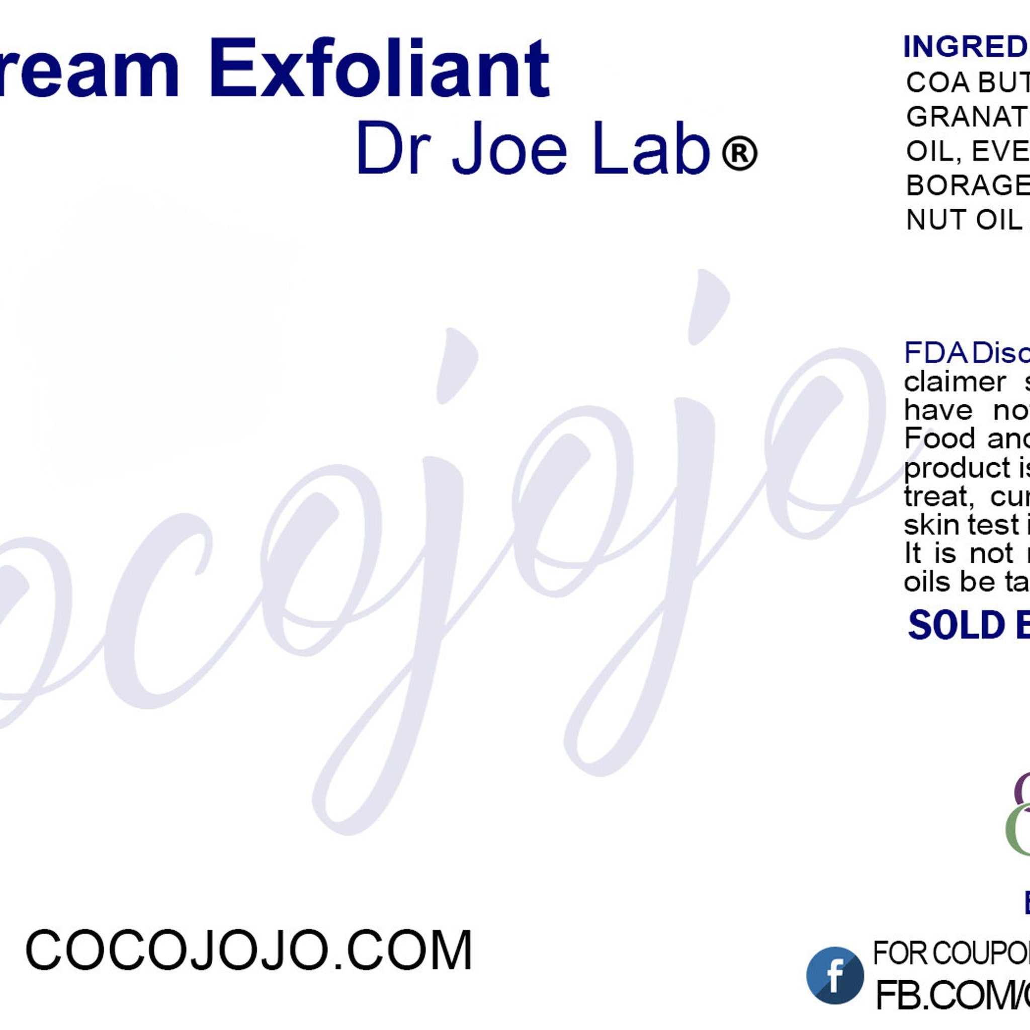 Skin care product label with blue text, white background, and Cocojojo logo