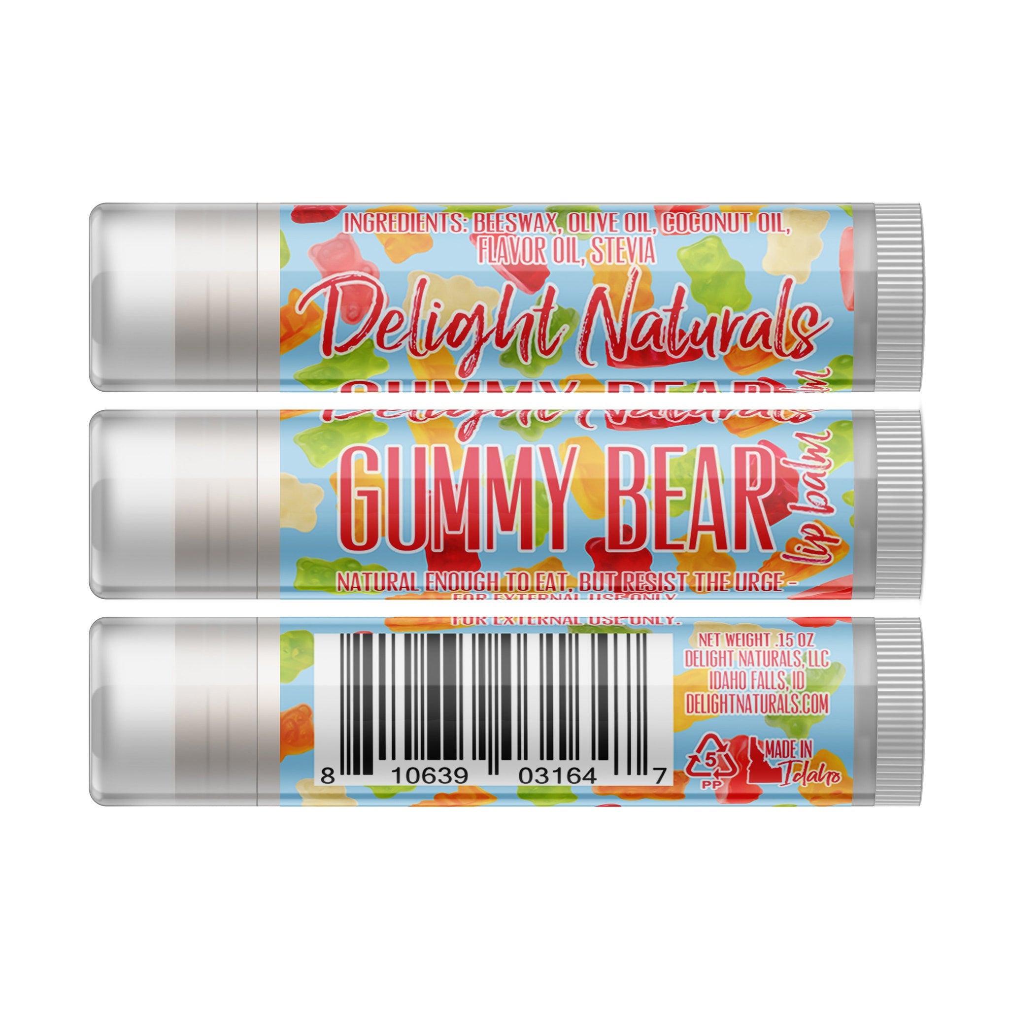 Lip balm with gummy bear design, blue and white packaging, Delight Naturals brand name visible