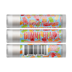 Lip balm with gummy bear design, blue and white packaging, Delight Naturals brand name visible