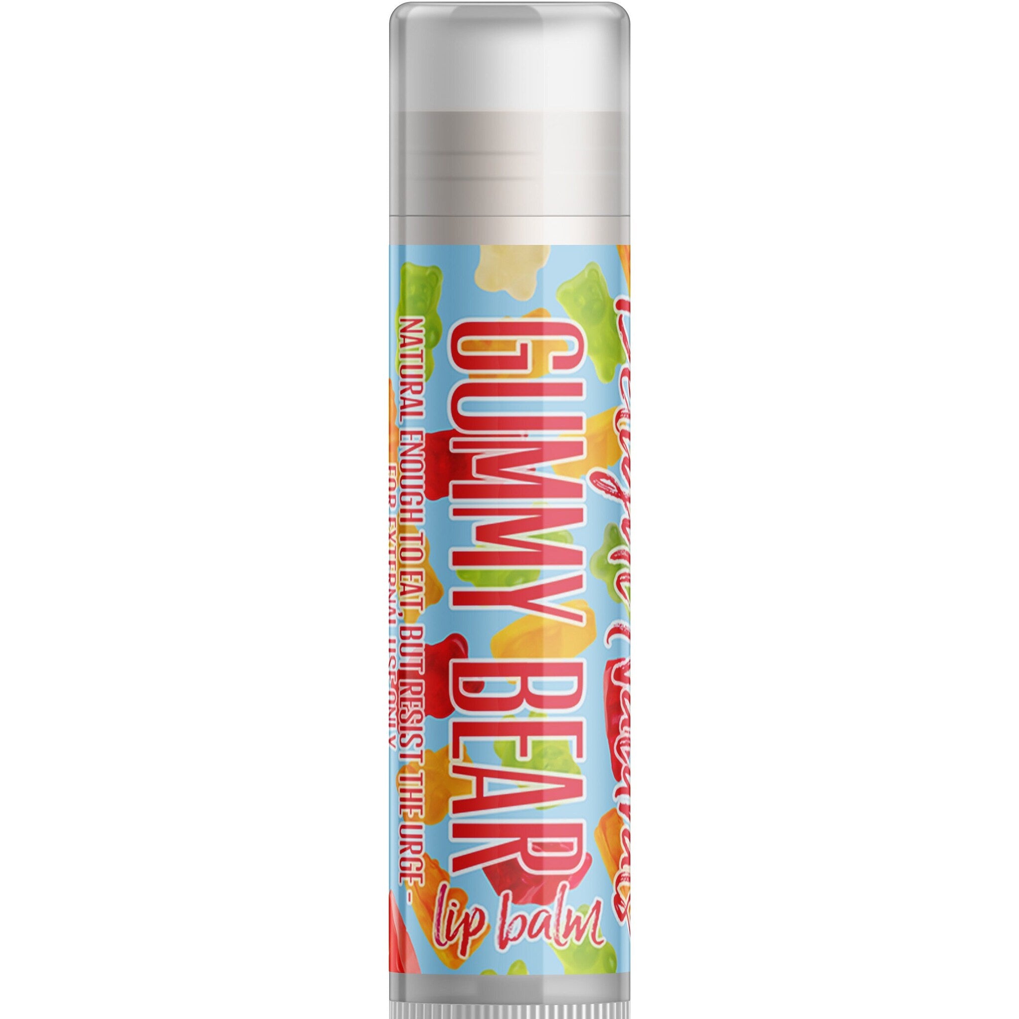 Lip balm tube with blue background, gummy bear pattern, and Delight Naturals text