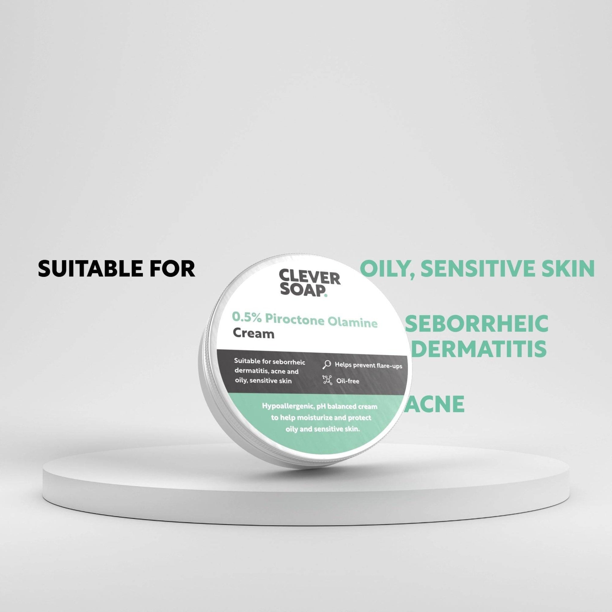 Cream product with white and silver container, green text, and Clever Soap brand on a white platform