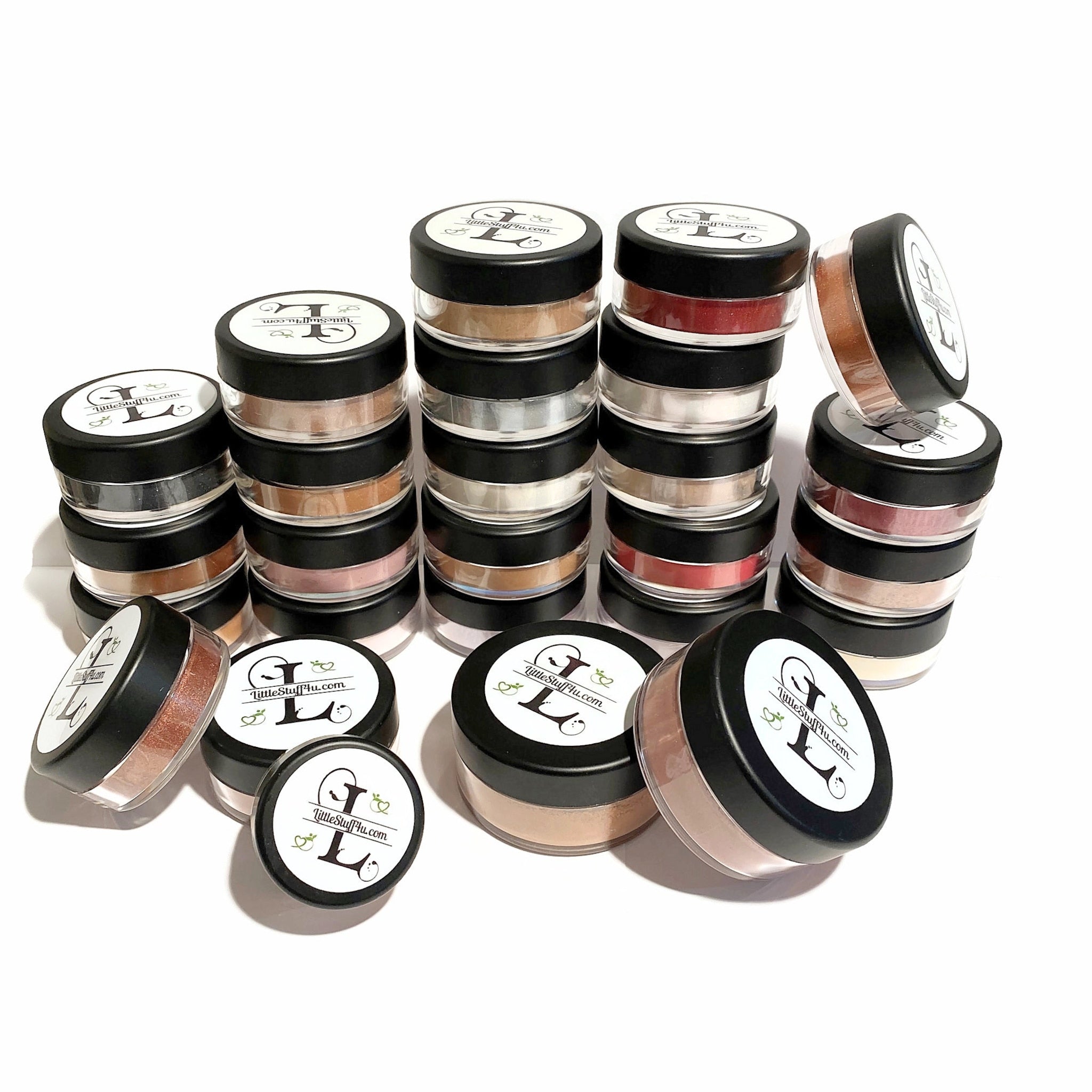 Loose powders in various colors, clear jars with black lids, LittleStuff4u.com logo visible