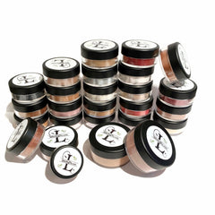 Loose powders in various colors, clear jars with black lids, LittleStuff4u.com logo visible