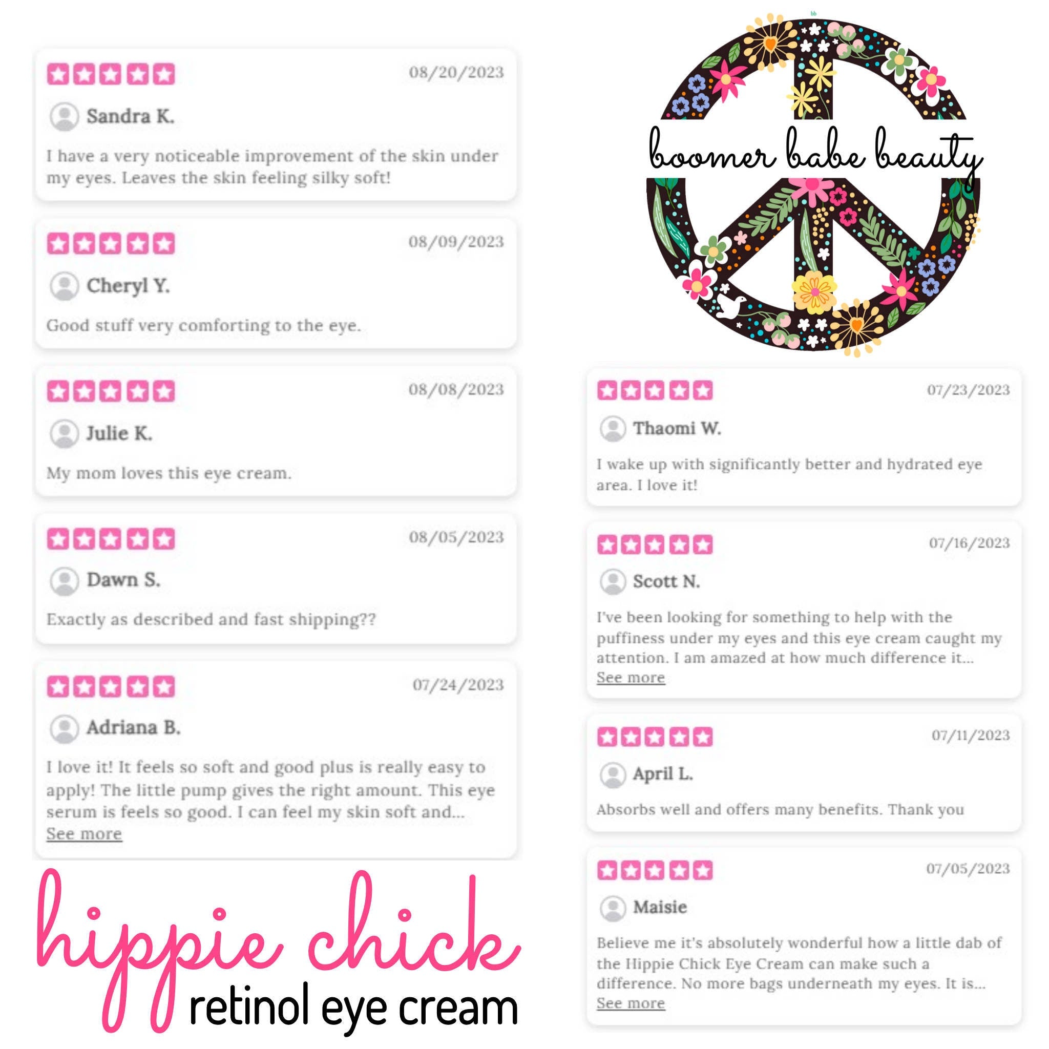 Retinol eye cream with pink "hippie chick" text and customer reviews, Boomer Babe Beauty logo