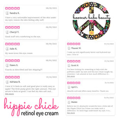 Retinol eye cream with pink "hippie chick" text and customer reviews, Boomer Babe Beauty logo