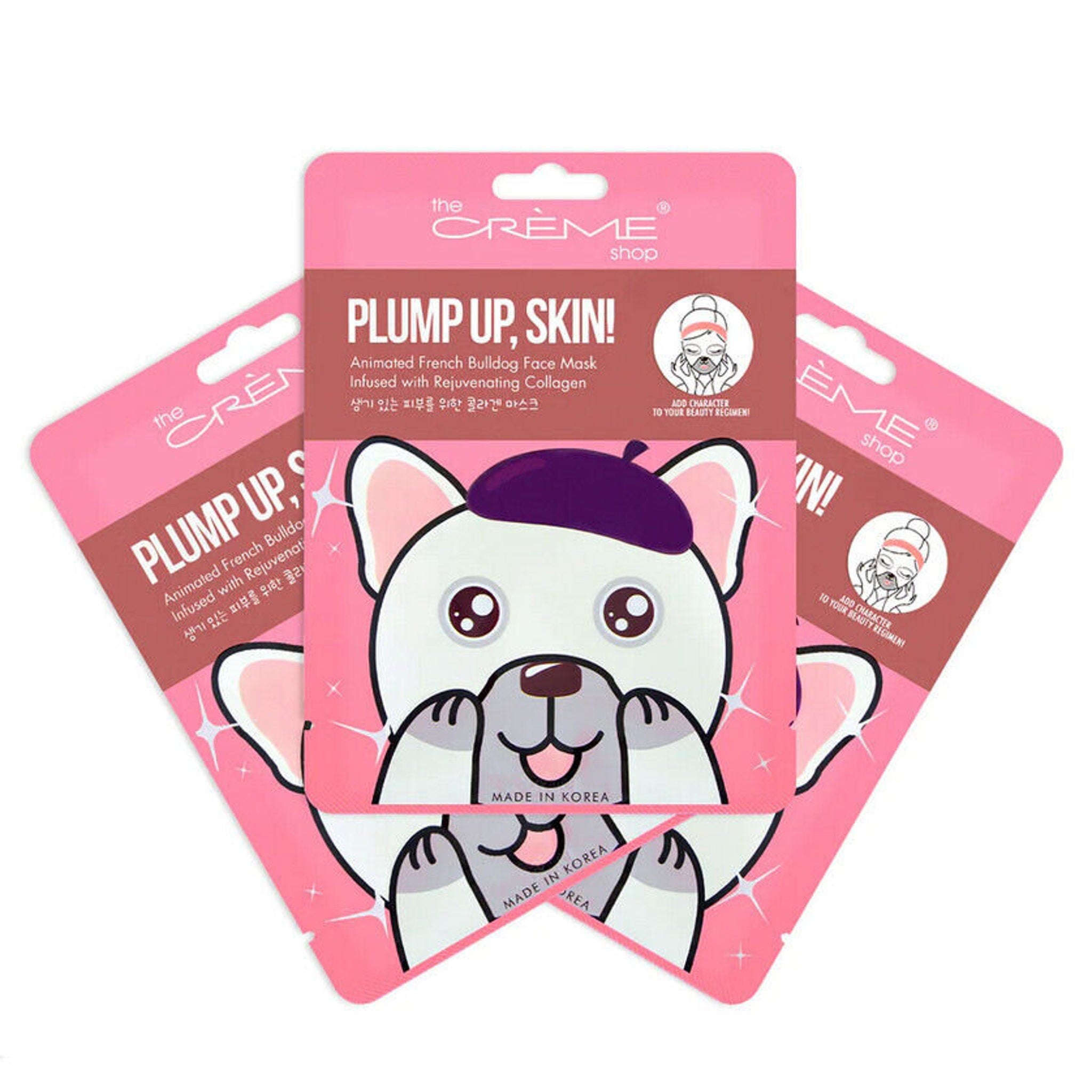 Close-up of three animated face masks in sleek white packaging with minimalist typography and subtle texture details