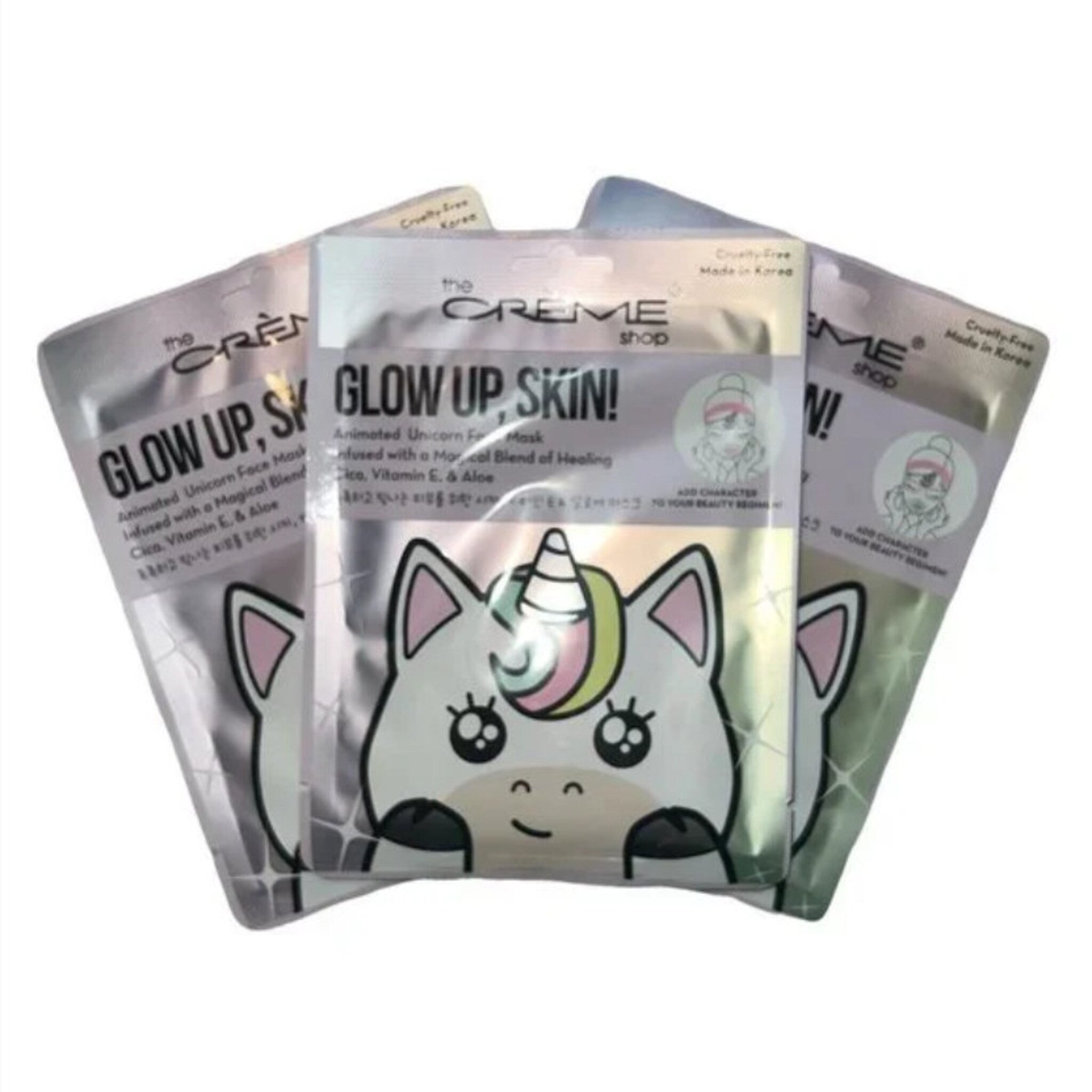 Three animated face masks in sleek packaging displayed at an angle, showcasing their lightweight gel textures and vibrant colors
