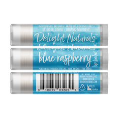 Lip balm with blue watercolor background, Delight Naturals text, and white tube packaging