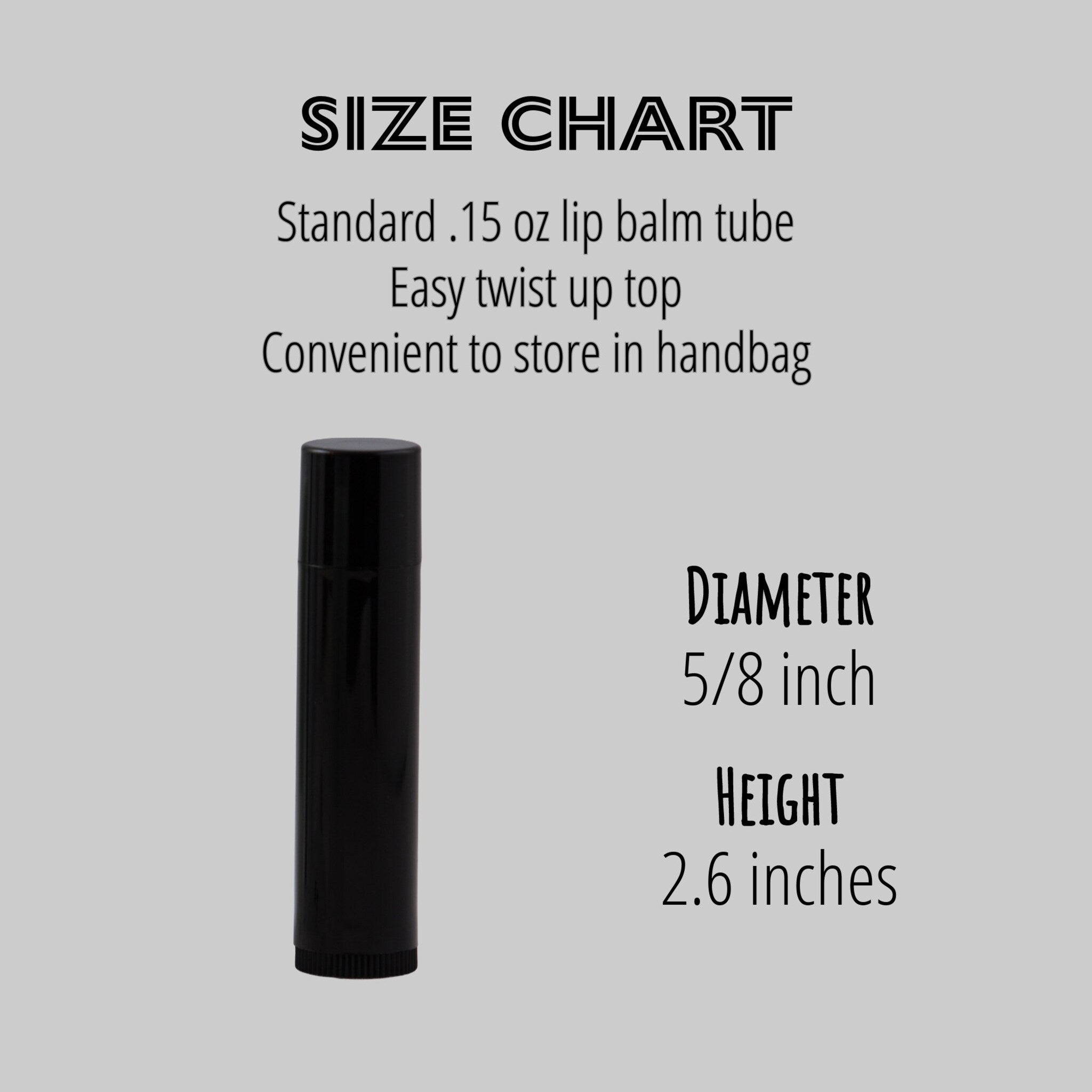 Lip balm tube, black cylindrical shape, size chart with dimensions for reference
