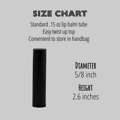 Lip balm tube, black cylindrical shape, size chart with dimensions for reference