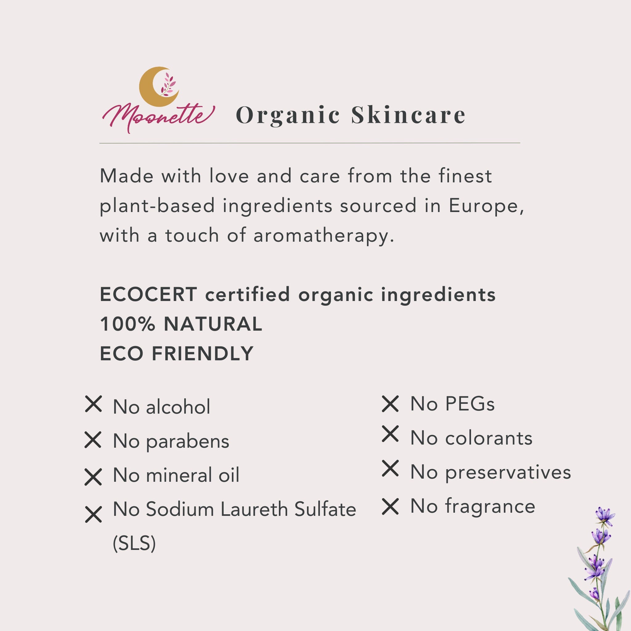 Moonette Organic Skincare product information, white background, text, purple and gold logo, lavender illustration