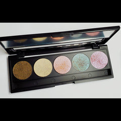 Side view of customizable 5-pan eyeshadow palette showing square pans with assorted matte and shimmer shades