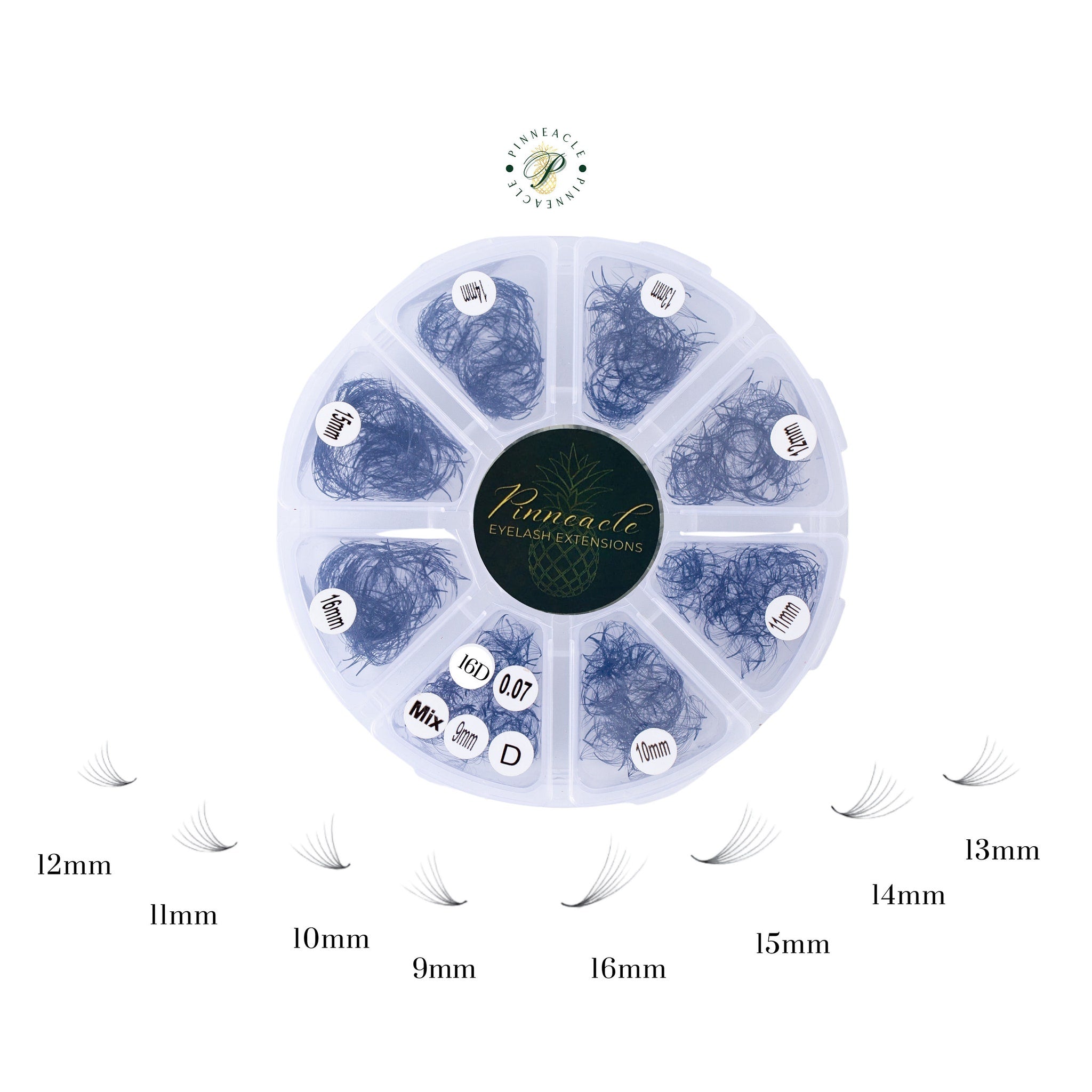 Eyelash extensions in blue, black, and white colors with Pinnacle brand name displayed in a round container