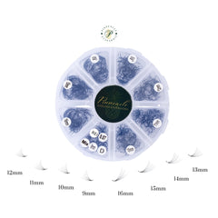 Eyelash extensions in blue, black, and white colors with Pinnacle brand name displayed in a round container