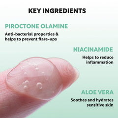 Ingredients graphic with clear gel on finger, pale skin tone, and text about key ingredients