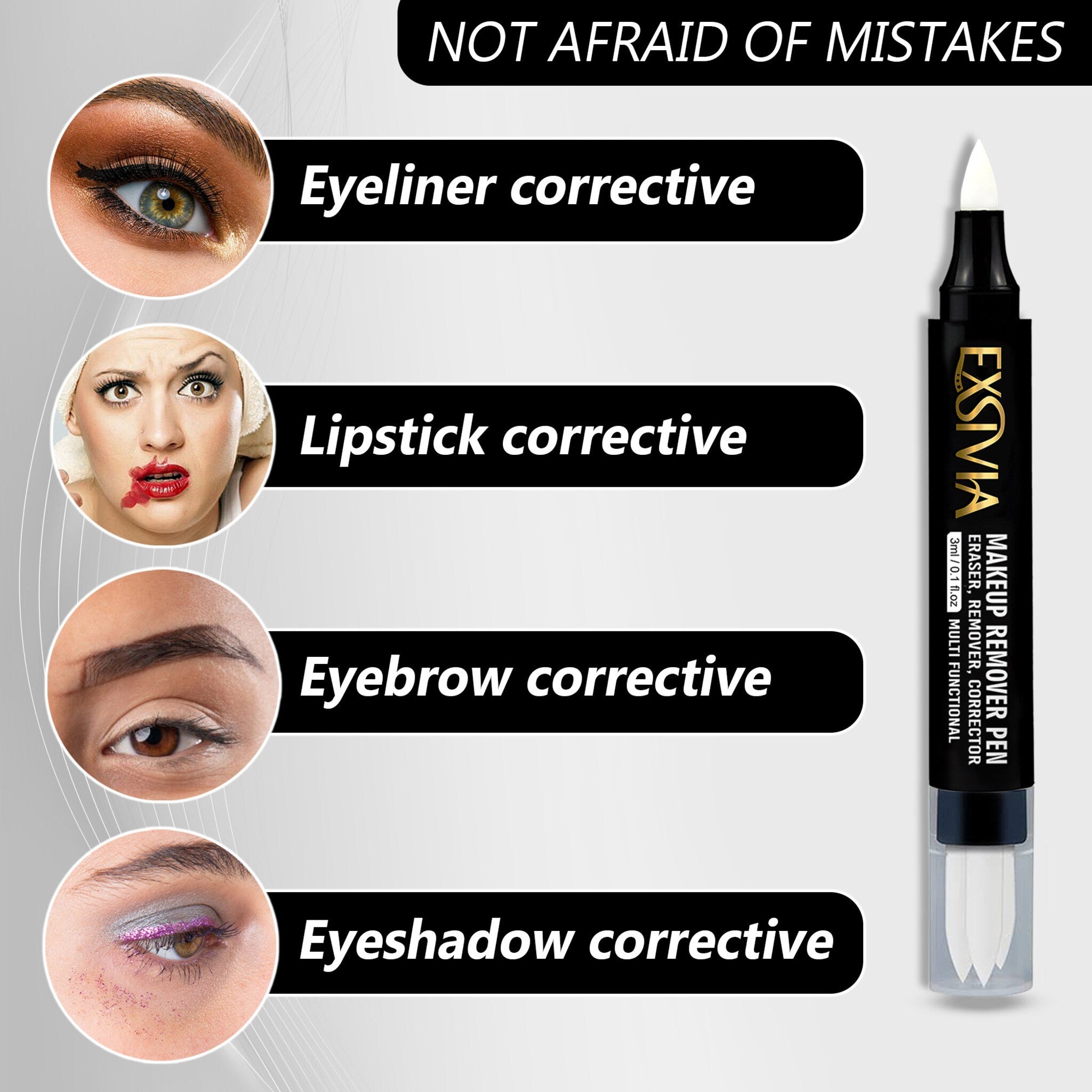 Makeup remover pen with black and white design, EXSIVIA brand name, for correcting makeup mistakes