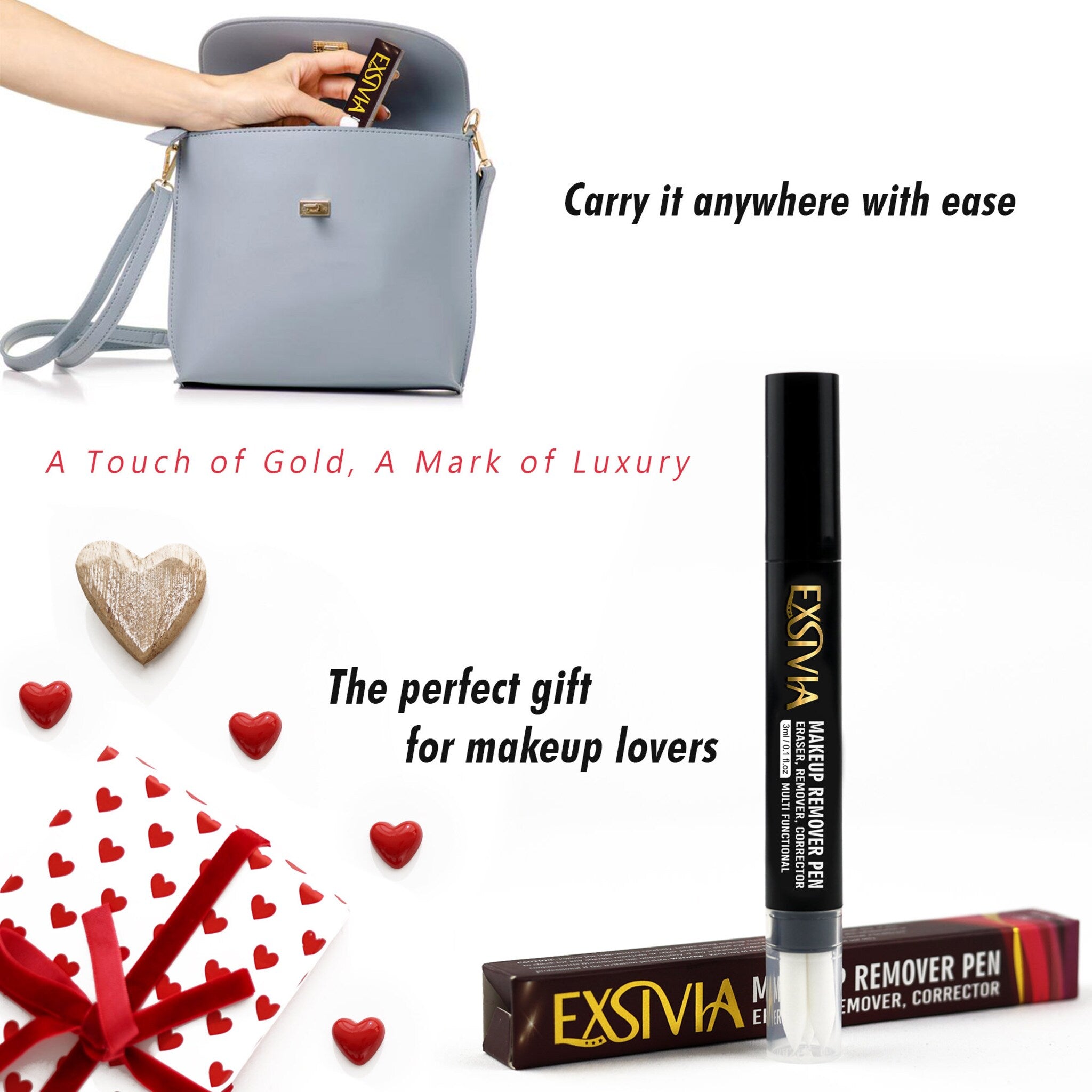 Makeup remover pen, black and white pen with gold text, being taken out of bag, EXSIVIA brand visible