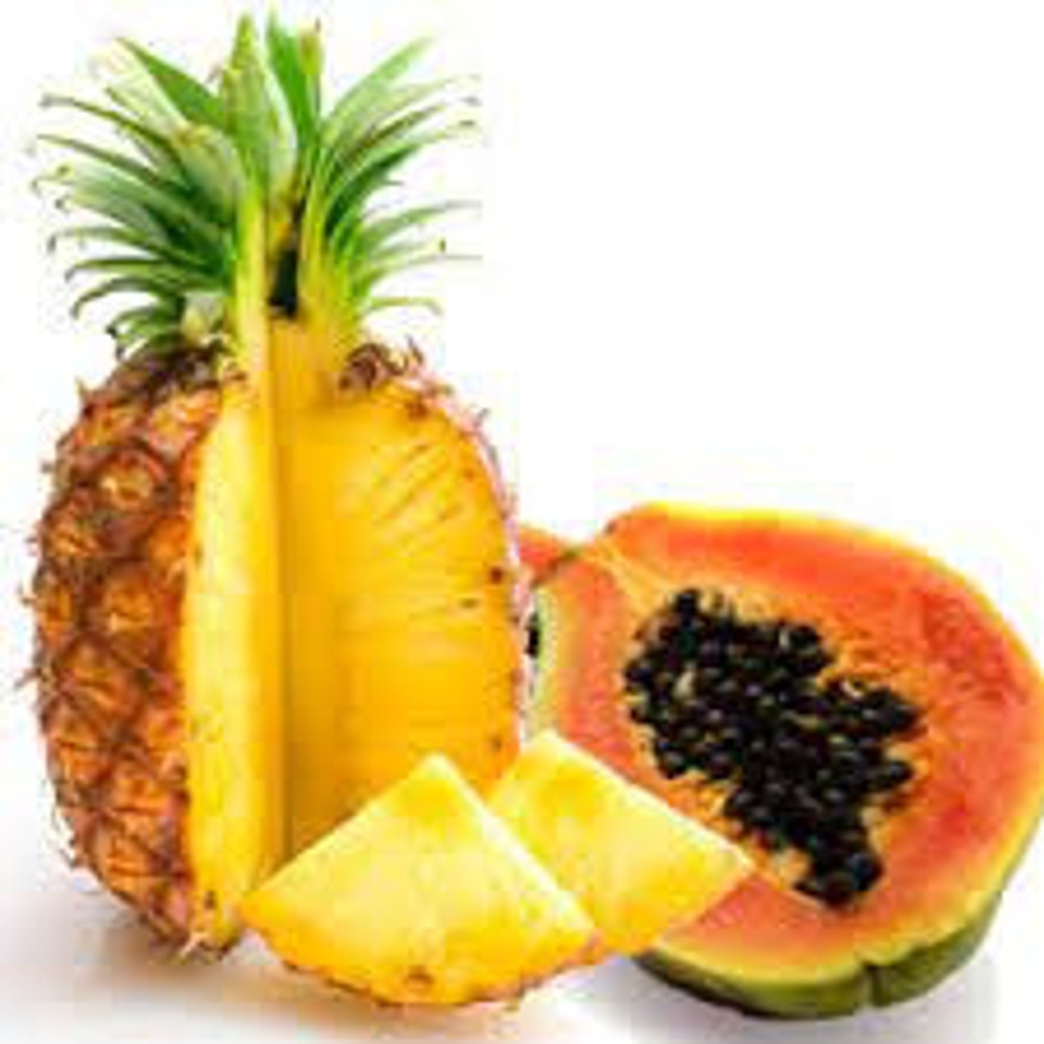 Pineapple and papaya fruit, yellow and orange flesh, green leaves and rind, cut open