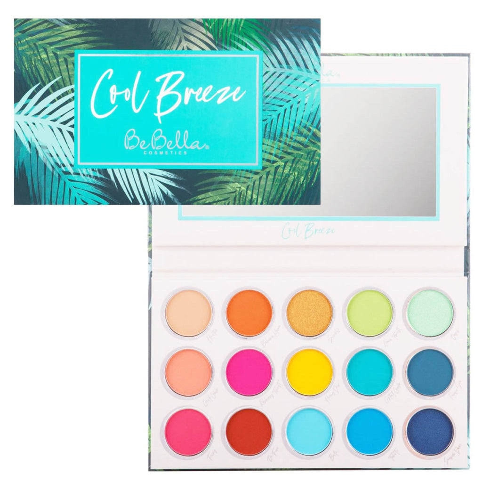 Eyeshadow palette with colorful eyeshadows, Be Bella Cosmetics branding, and tropical leaf background pattern