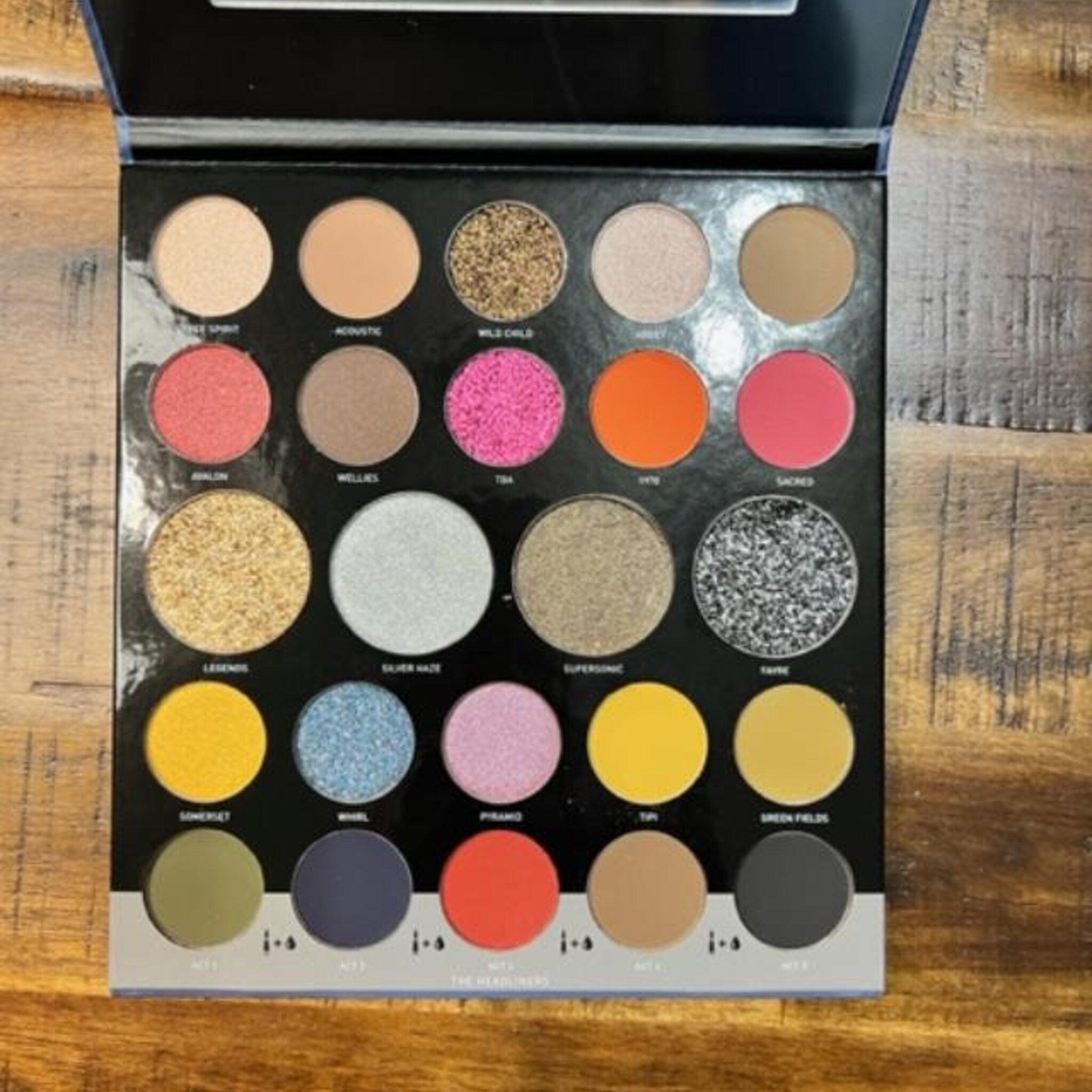 Eyeshadow palette with multiple colors, round pans, and a black case.