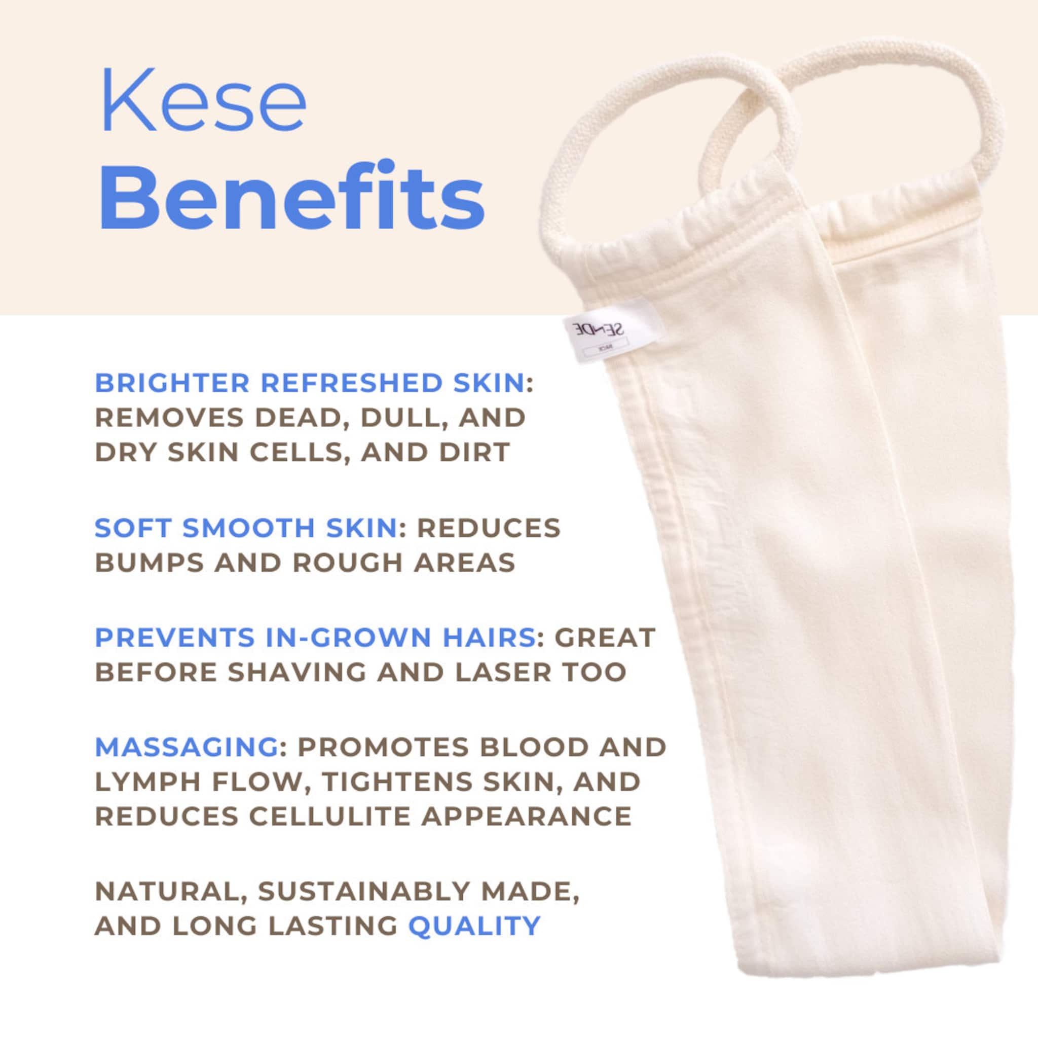 Kese body scrubber, cream-colored fabric with loop handles, for skin exfoliation
