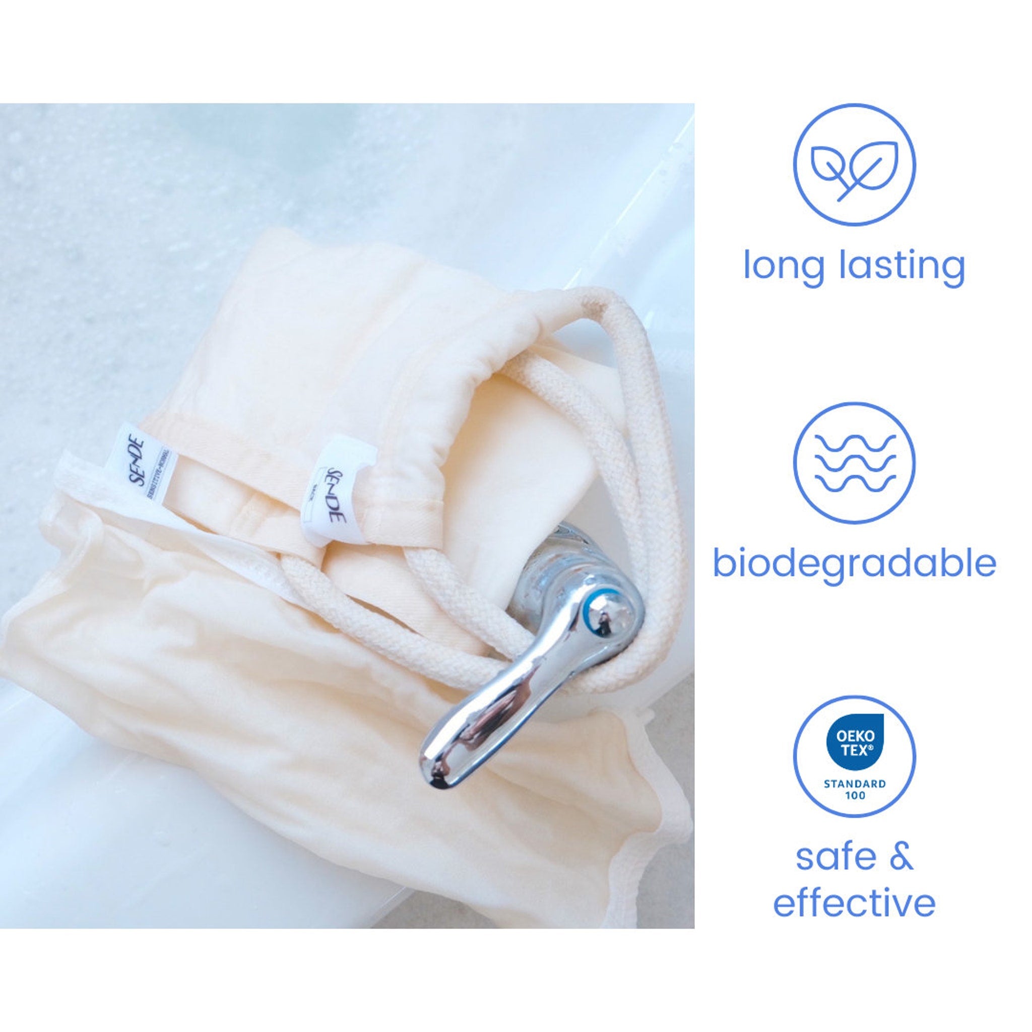Reusable bag with cream fabric, white rope handle, and SENDE tag, in a sink with faucet