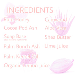 Ingredients list graphic with pink text on white background, including honey, aloe vera, and shea butter