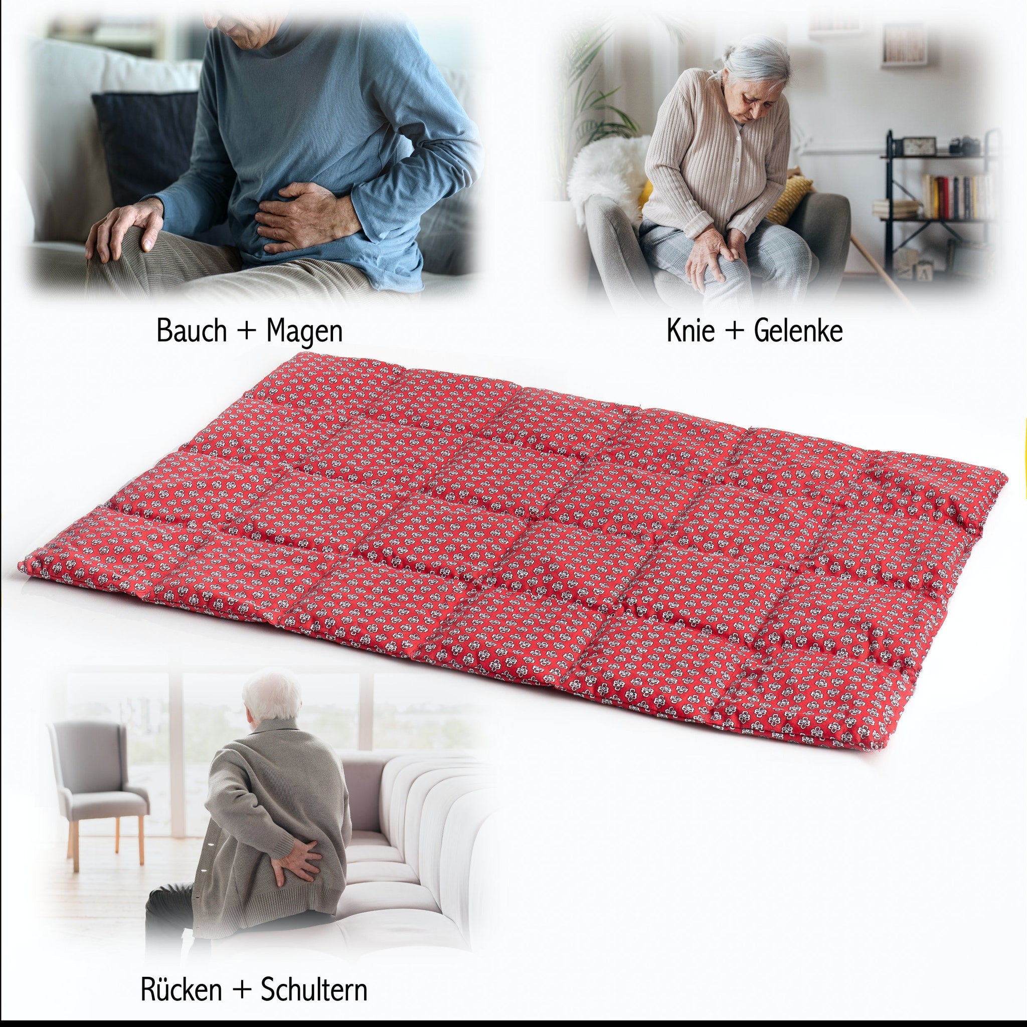 Heating pad with red floral pattern, quilted style, for pain relief