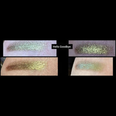Pressed pan of trichrome chameleon eyeshadow showing color shift from green to purple with vegan shimmer