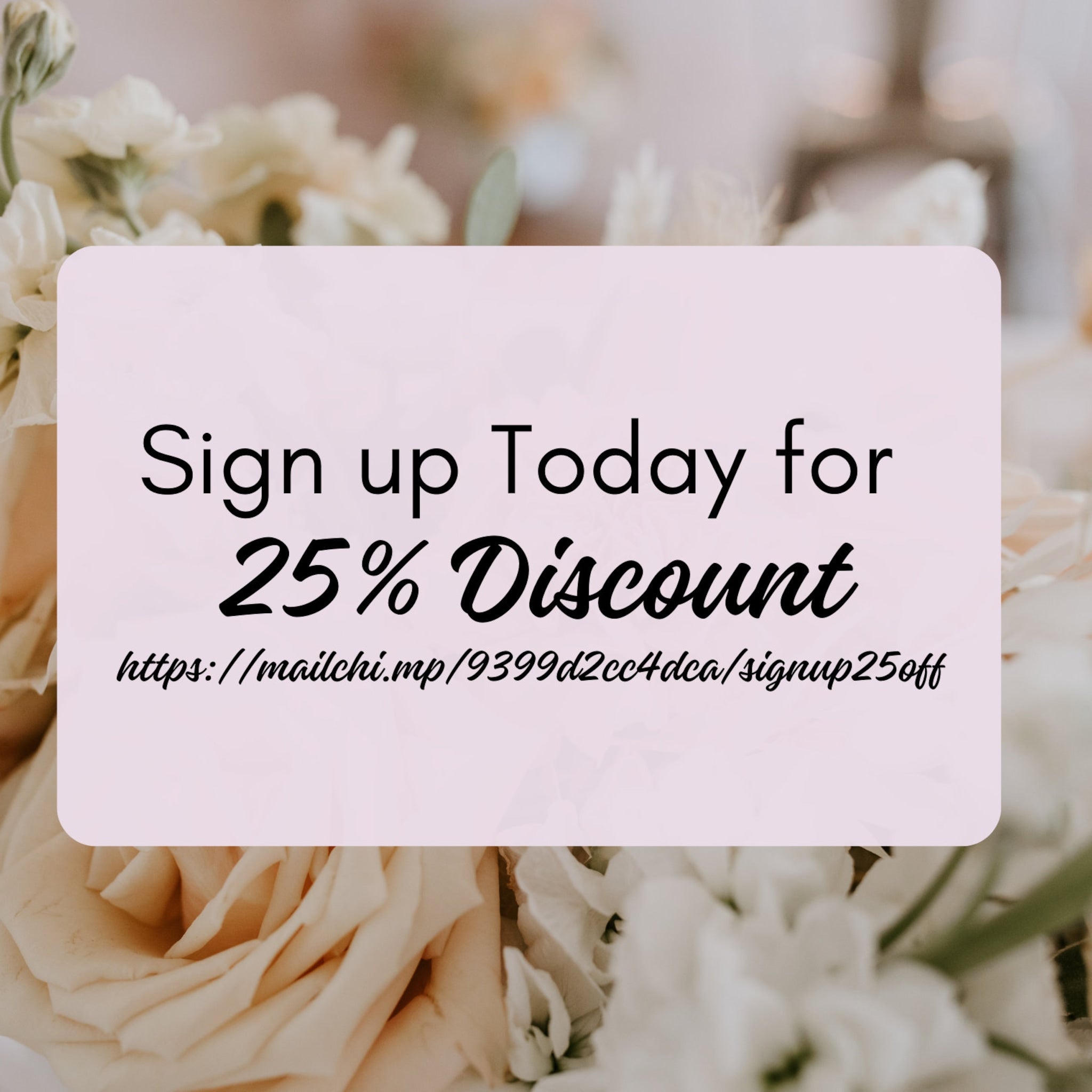 Discount offer on pink background with text, floral background with white and cream flowers, black text