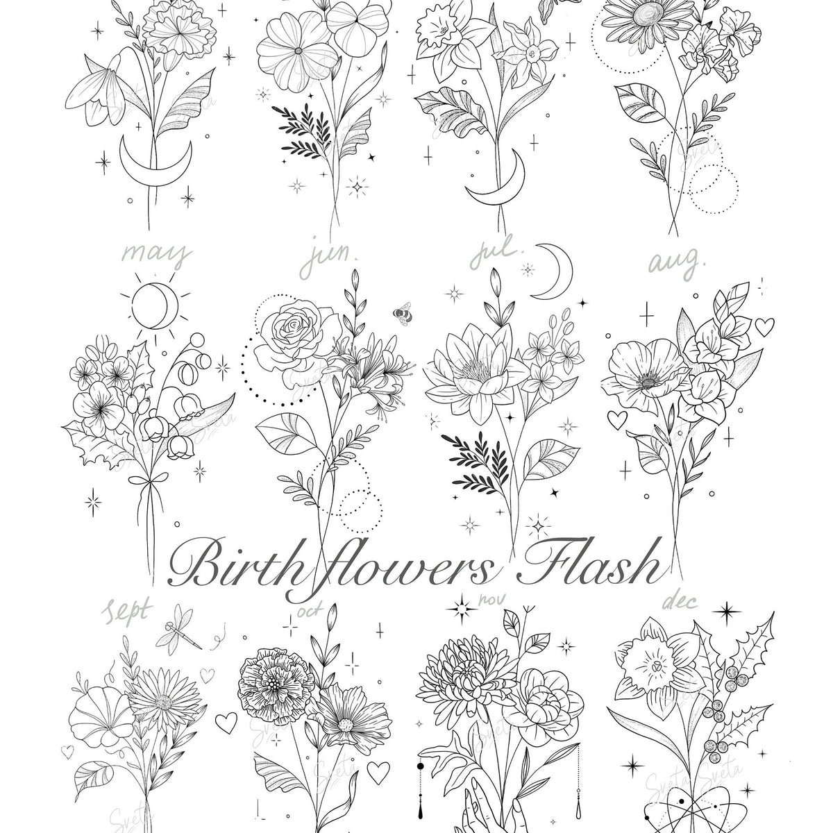 Main product view of 12 Birth Flower Tattoo Designs with Commercial License