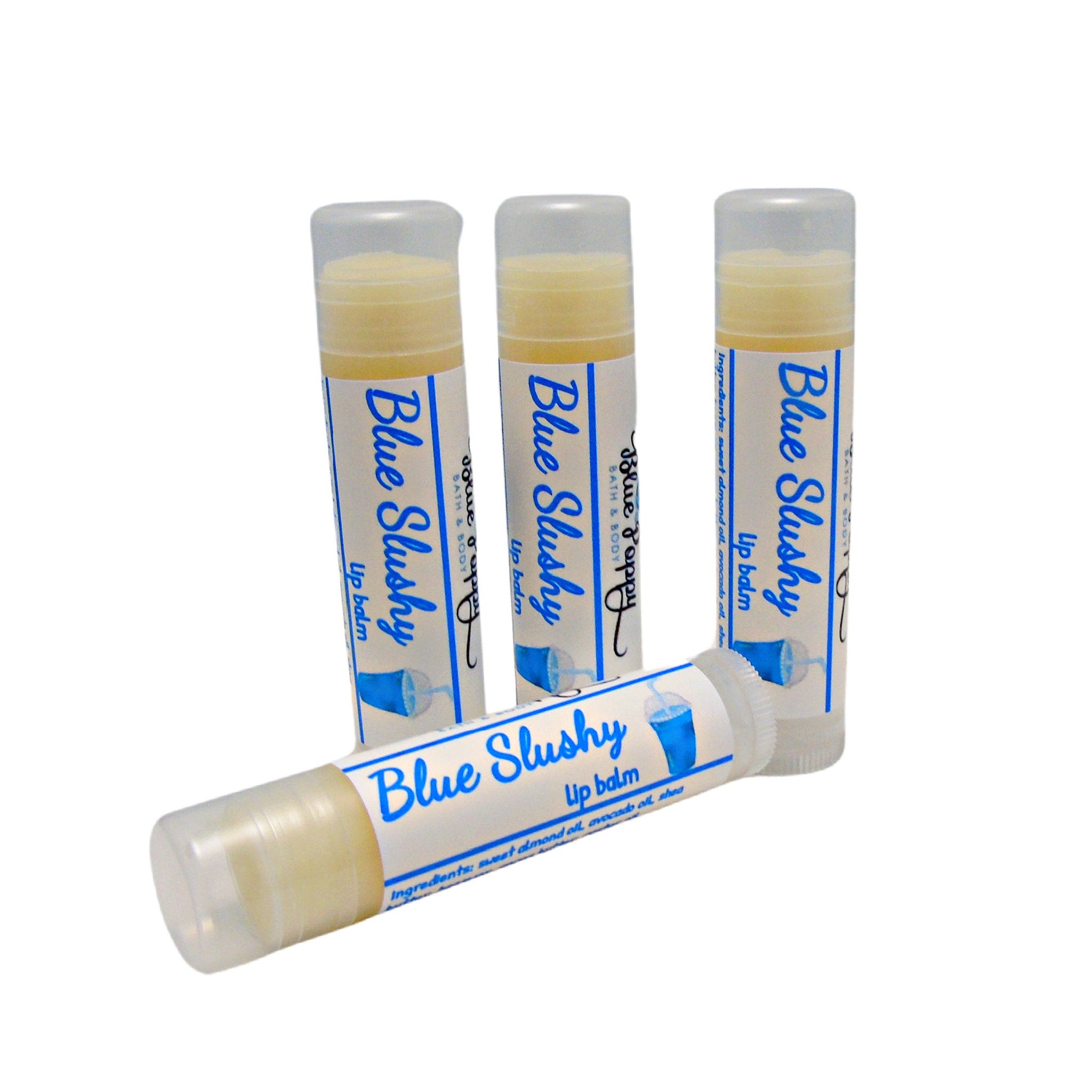 Lip balm tubes with Blue Slushy label, clear cap, and white and blue design.
