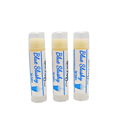 Lip balm tubes with clear cap, white label, and blue "Blue Slushy" text, for lip care
