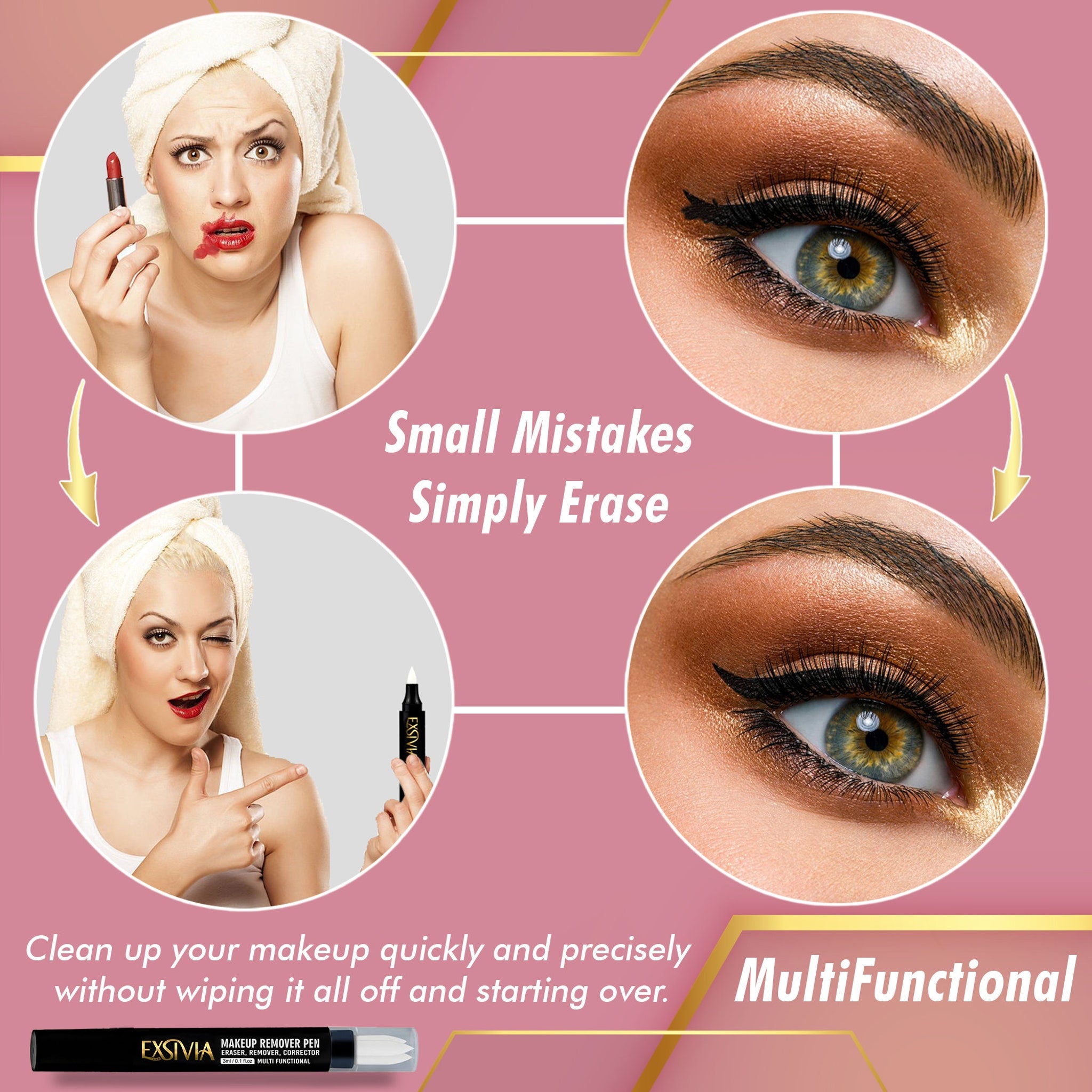 Makeup remover pen with black and white design, shown with a woman's face and eye makeup application