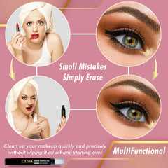 Makeup remover pen with black and white design, shown with a woman's face and eye makeup application