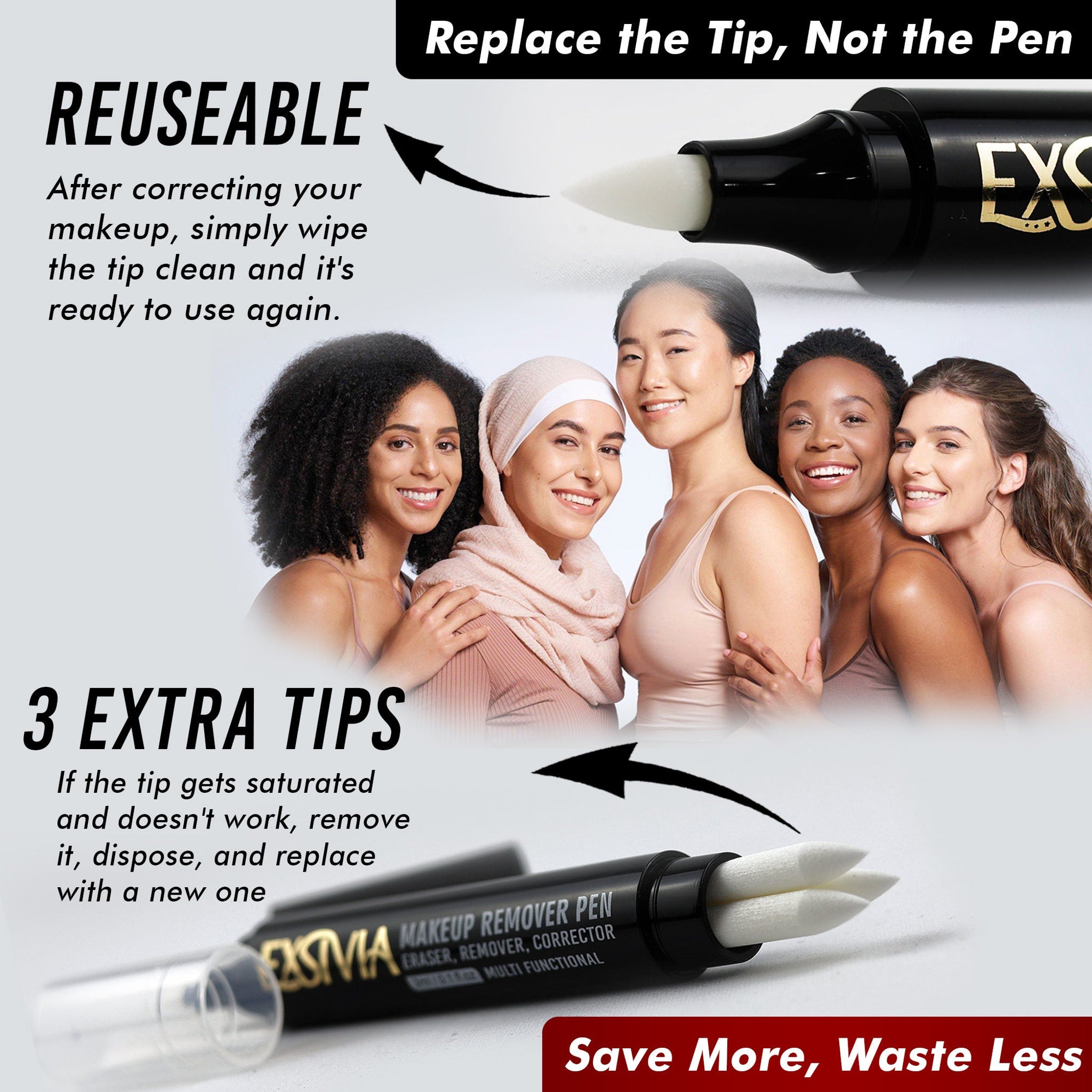Makeup remover pen with black and gold barrel, white tip, and smiling diverse women