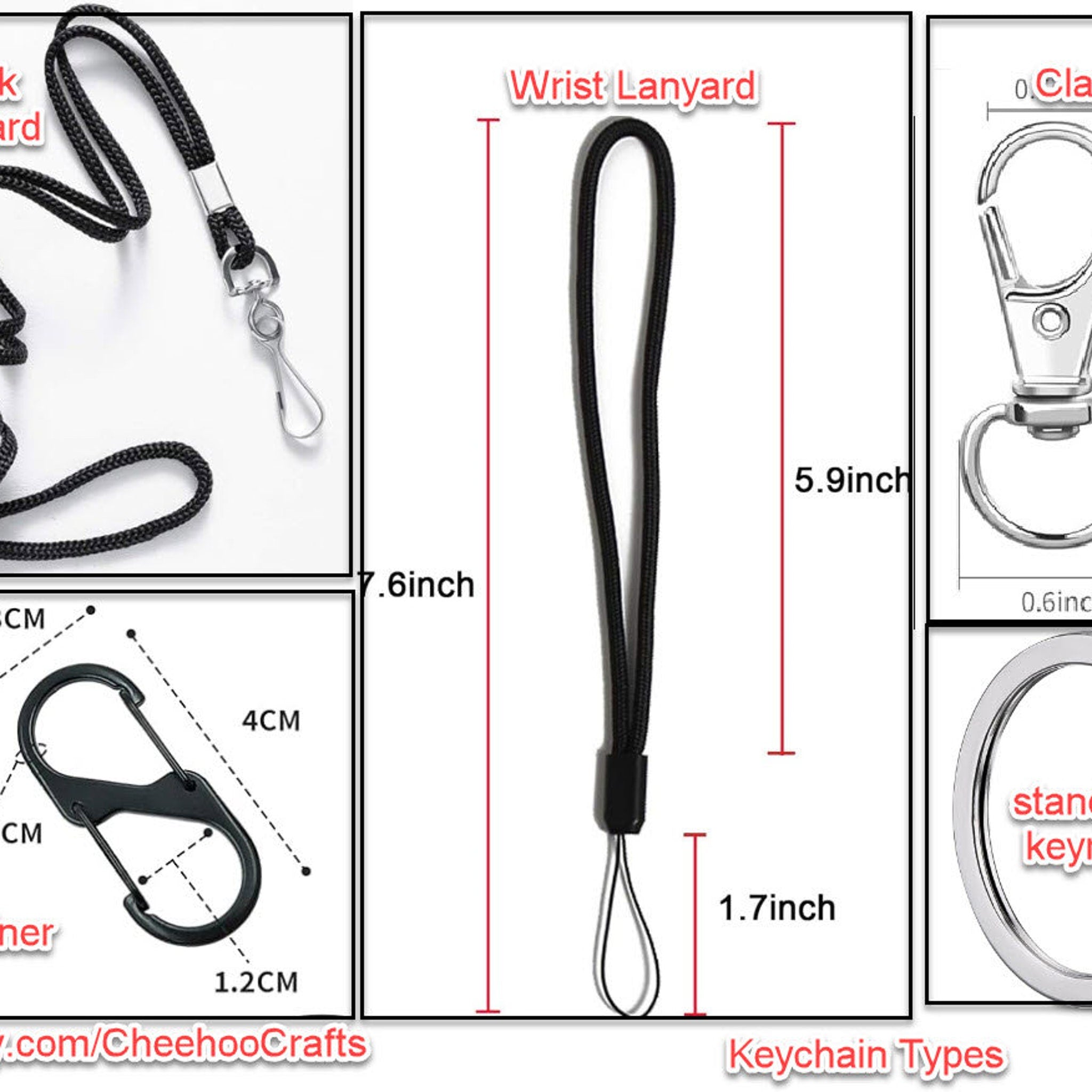 Lanyard and keychain set with black cord, silver metal clasp, and size details for reference
