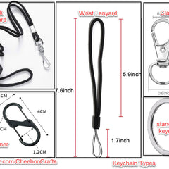 Lanyard and keychain set with black cord, silver metal clasp, and size details for reference