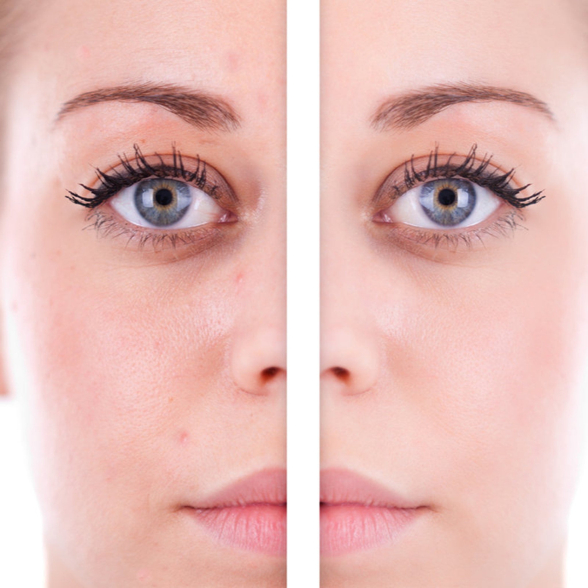 Face makeup comparison showing skin texture, before and after application, split image