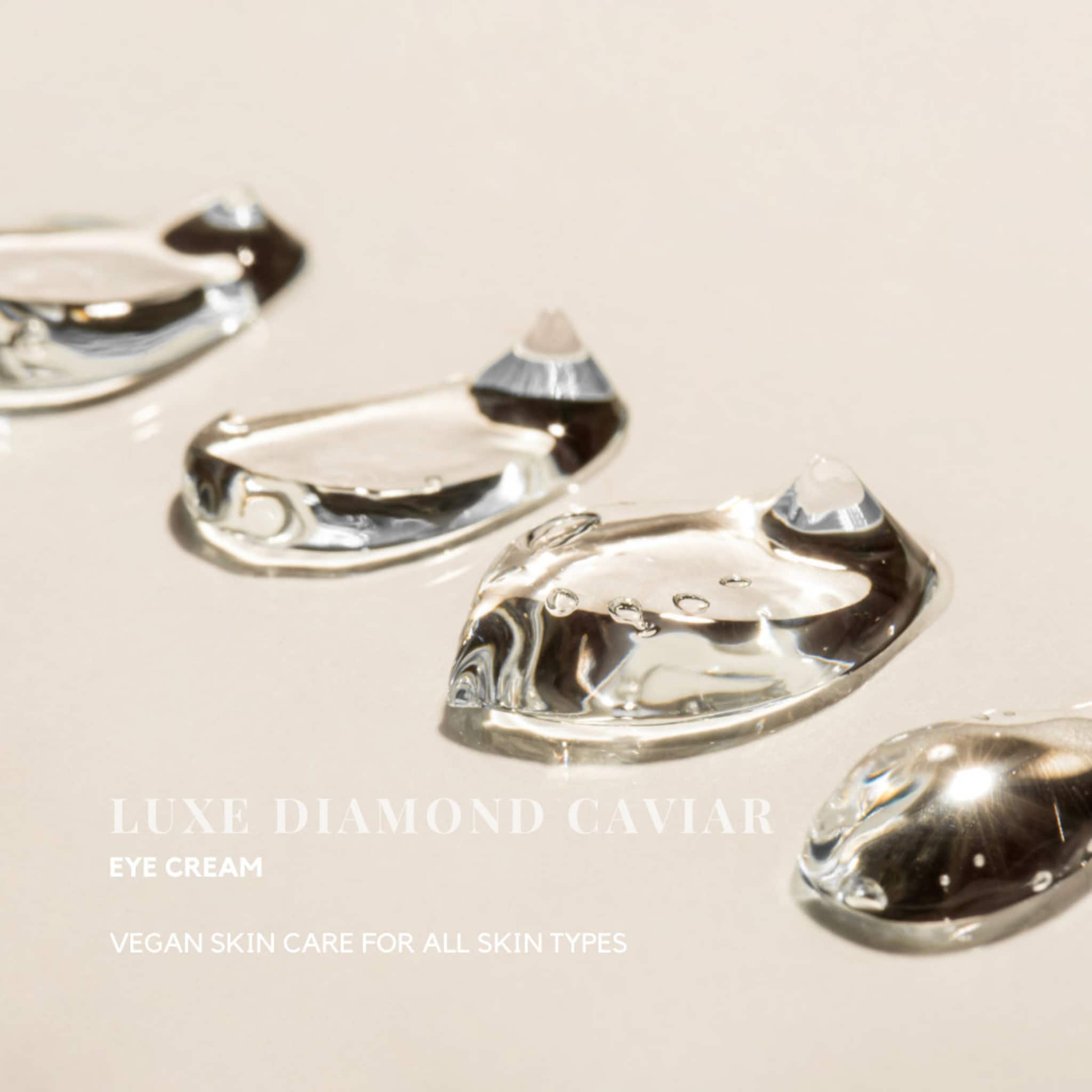 Eye cream drops, clear gel, reflective light, Luxe Diamond Caviar branding
