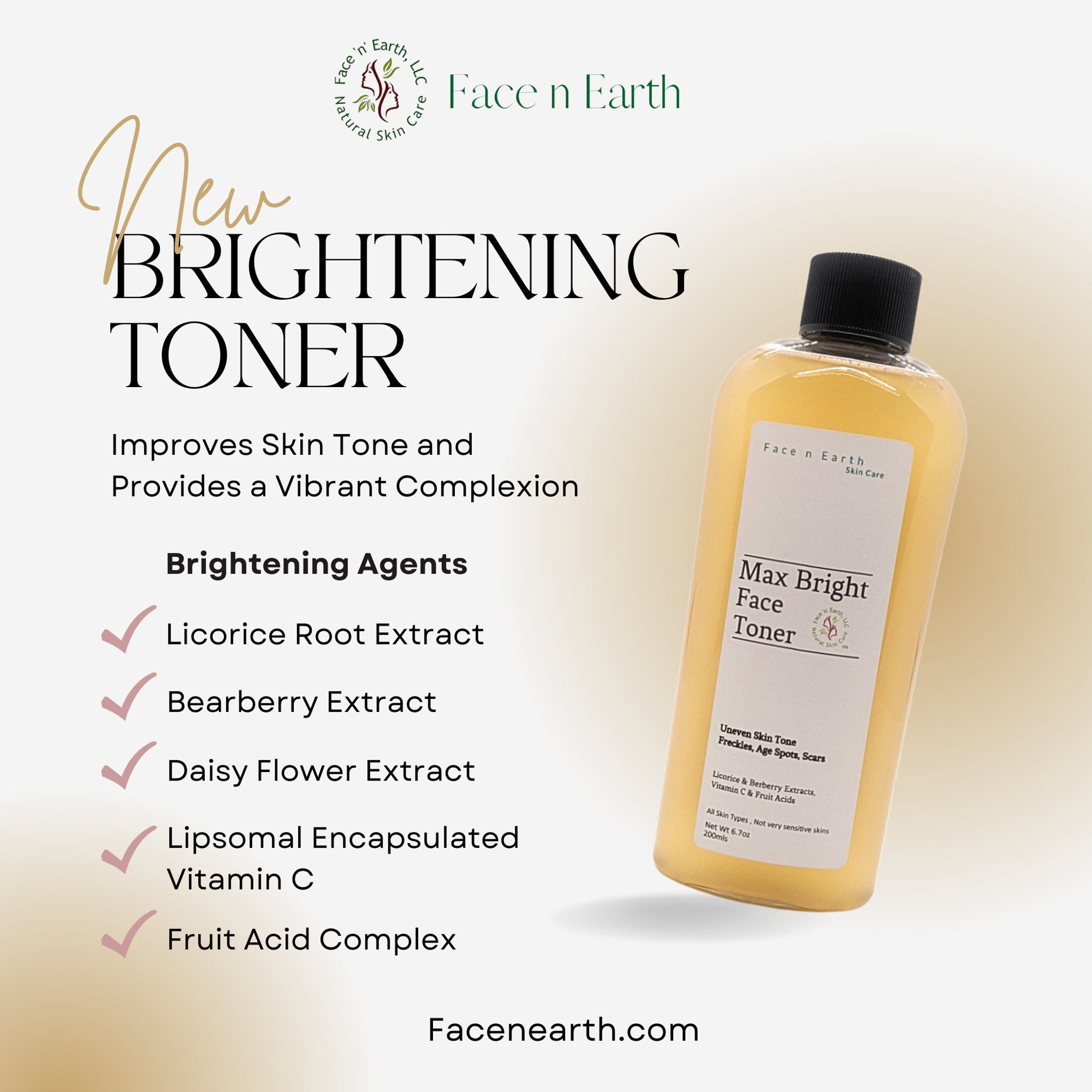 Toner bottle with yellow liquid, black cap, and Max Bright label, for skin care