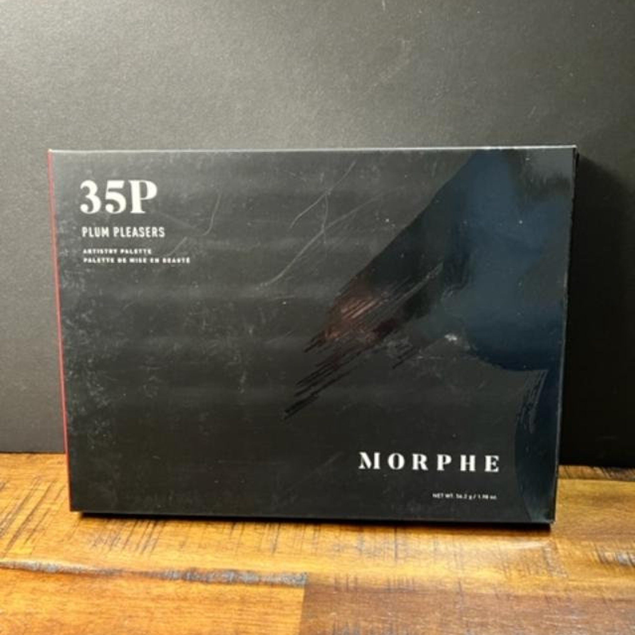 Front view of Morphe 35P Plum Pleasers palette showing 35 plum-toned matte and shimmer eye shadows in rectangular pans