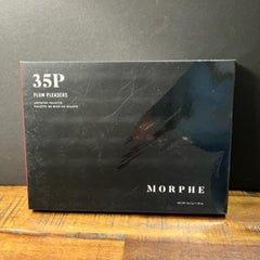 Front view of Morphe 35P Plum Pleasers palette showing 35 plum-toned matte and shimmer eye shadows in rectangular pans