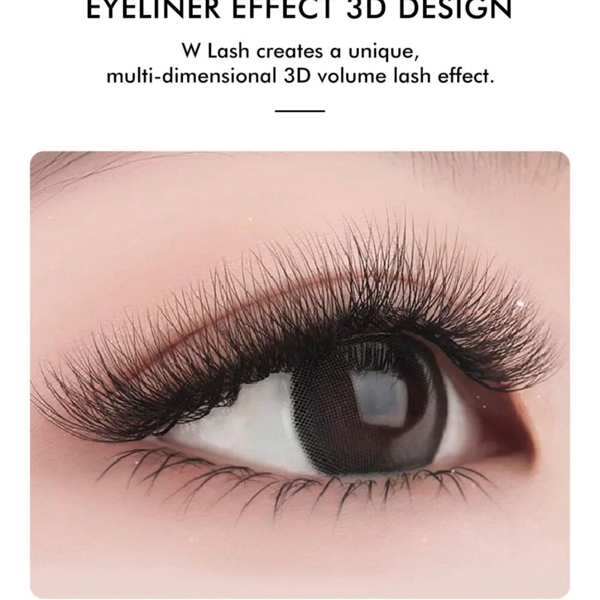 Eyelash extensions with black lashes, eye with dark iris, and pink skin background