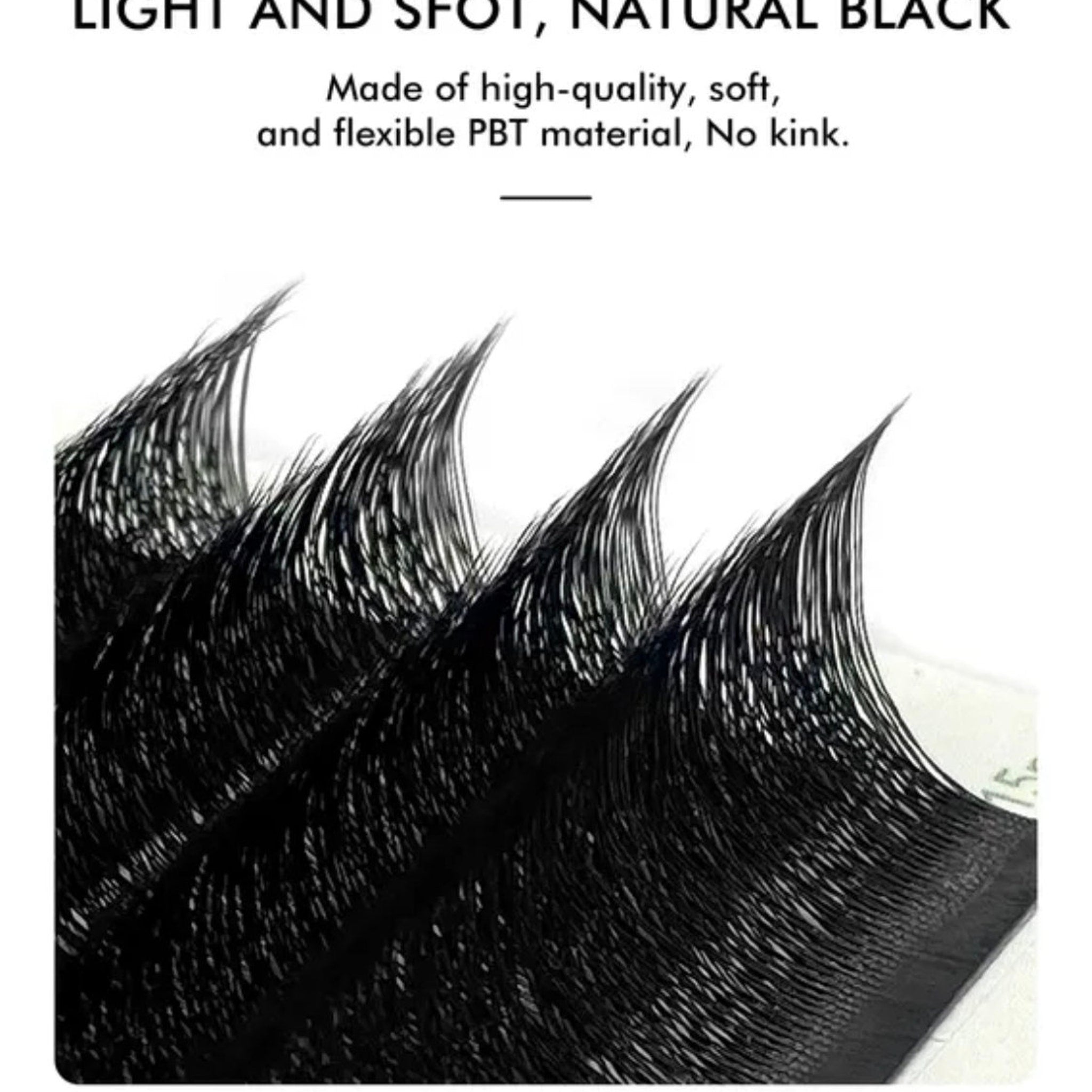 Eyelash extensions in natural black, soft, and flexible PBT material for application