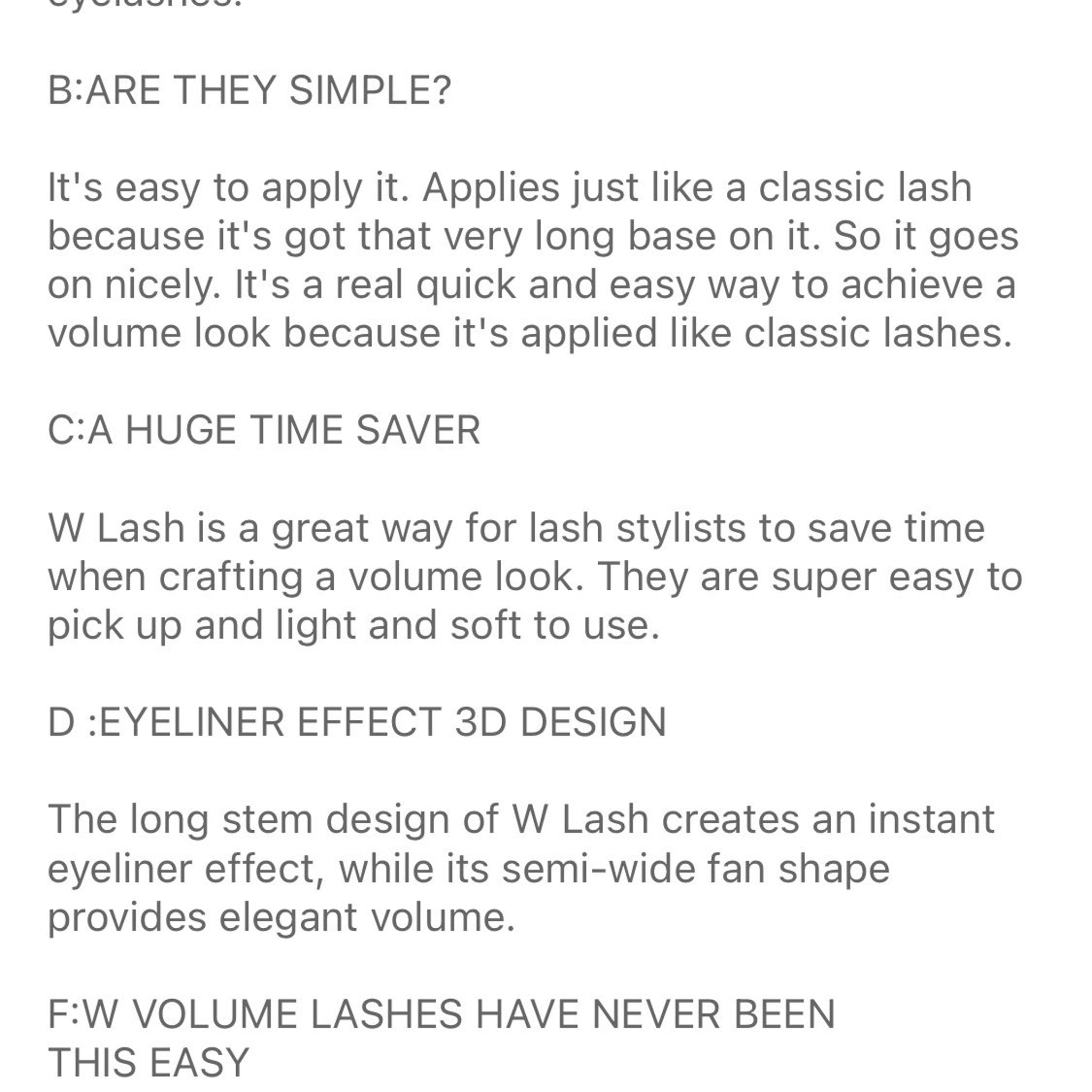 Lashes text on white background with "W Lash" and product description, easy to apply, volume look
